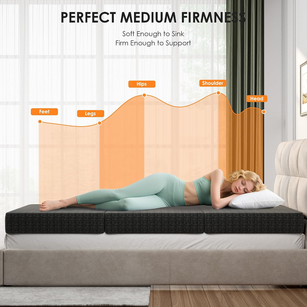 6 inch tri-fold mattress twin size, portable memory, side view
