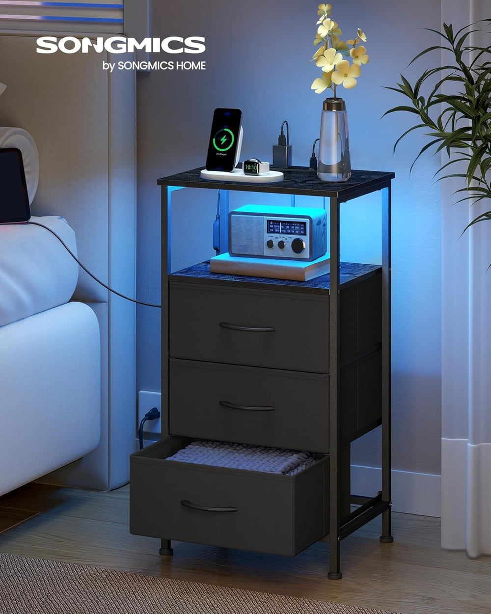 SONGMICS Nightstand with Charging Station, 3 Fabric Drawers