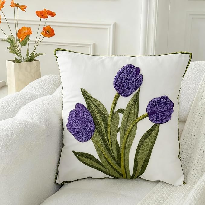 18x18 Embroidered Throw Pillow Cover – Purple Tulip Cotton Decorative Cushion by EmbroideredLiving