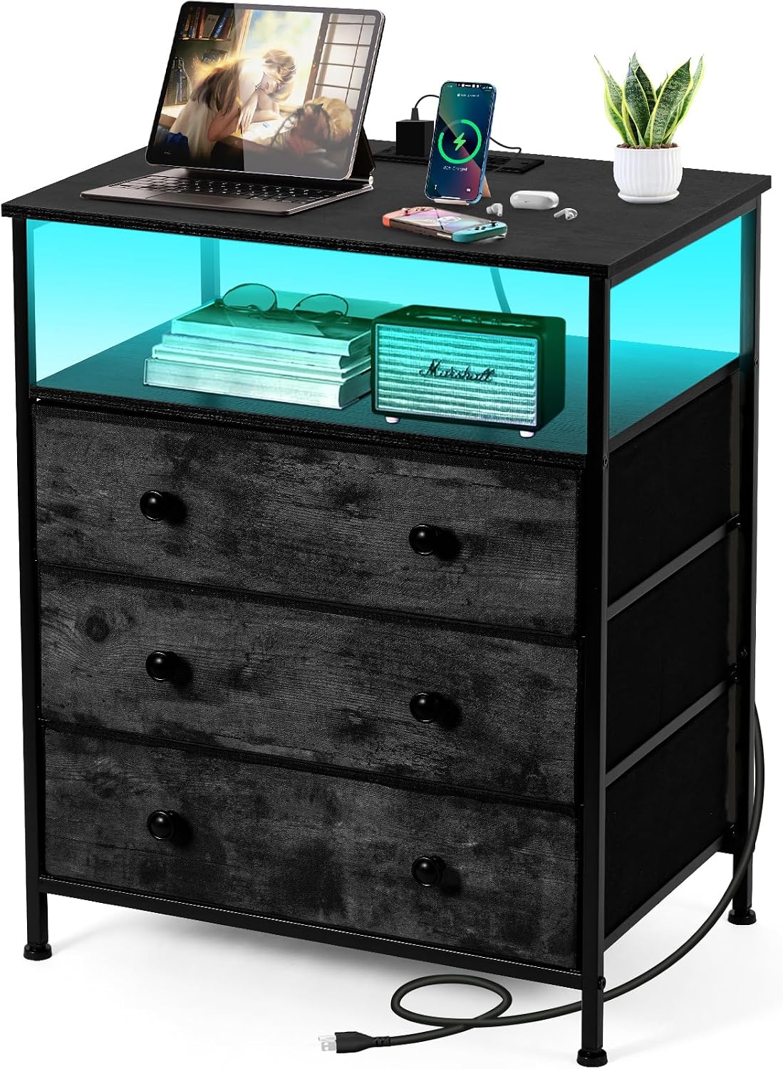 3-drawer led nightstand with charging station, black., main product view