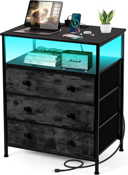 3-drawer led nightstand with charging station, black., main product view