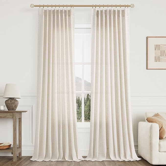 Natural Pinch Pleat Linen Curtains 116 Inch Length 2 Panels Set by Aersas