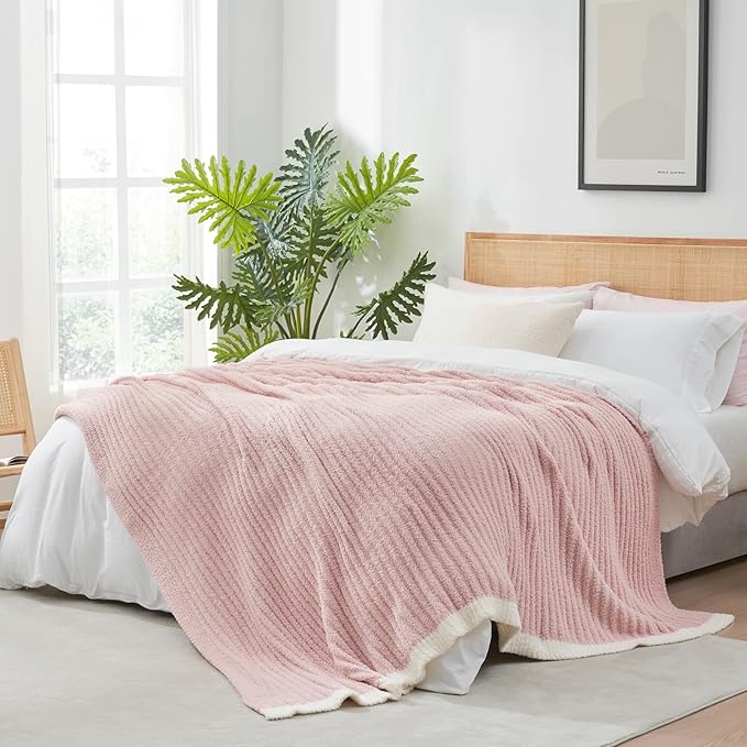 Snuggle Sac Fluffy Ribbed Blanket Pink Twin Size, Soft Luxurious Knit Throw by SnuggleSac