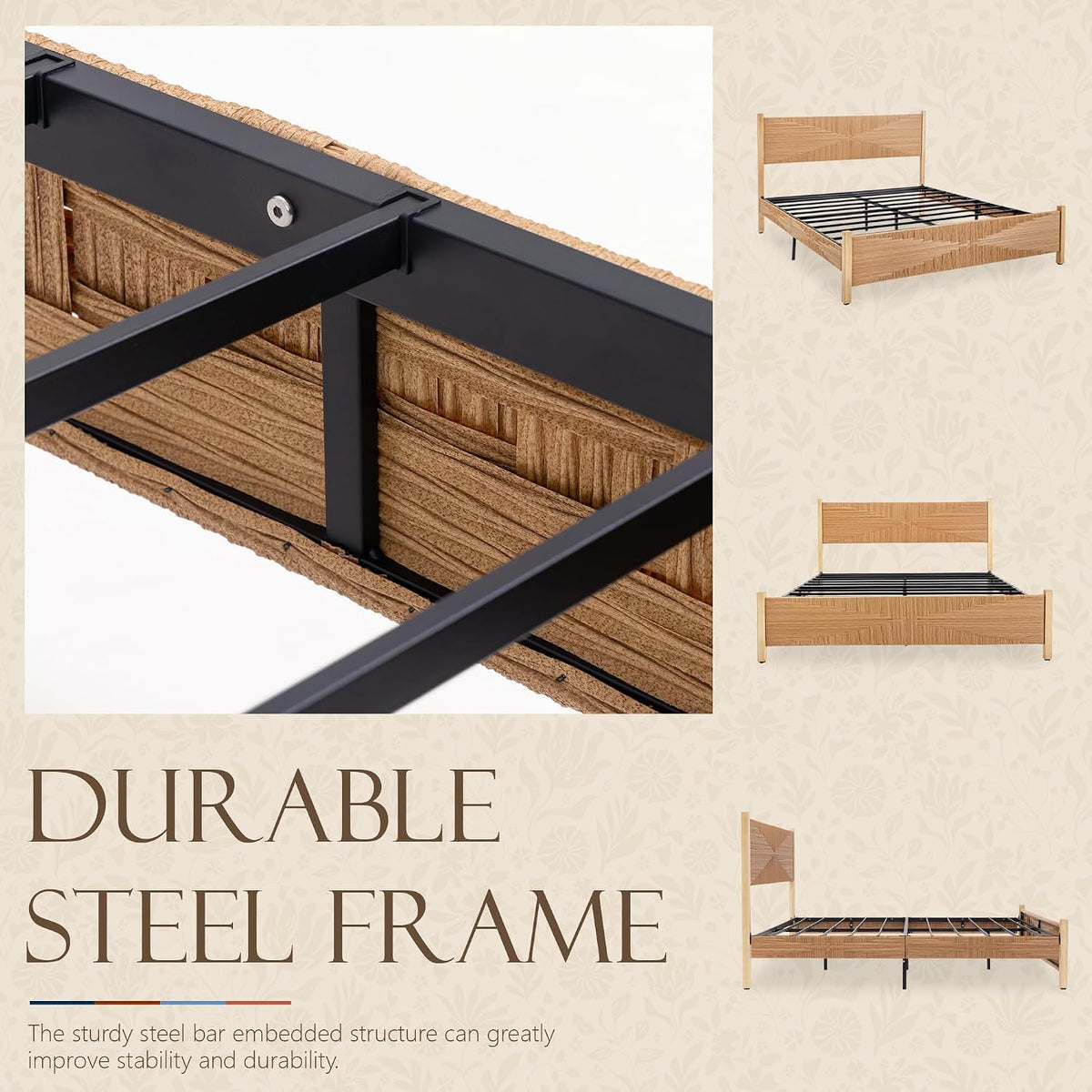 yechen solid wood rattan king bed frame with, front angle view