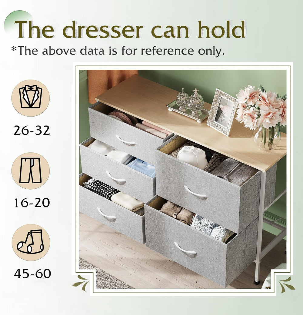 WLIVE 5 Drawer Fabric Dresser for Bedroom, Wide Storage Chest, Light Grey