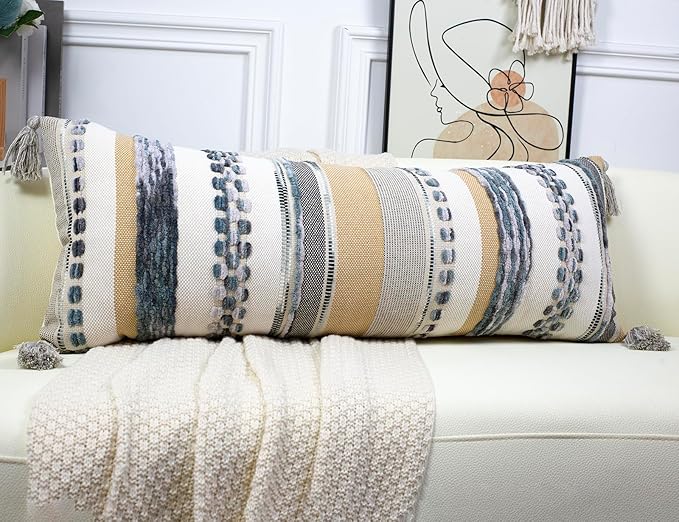 PANOD Boho Long Lumbar Throw Pillow Cover 14 x 36 Light Grey, Chenille Morocan - Image 2