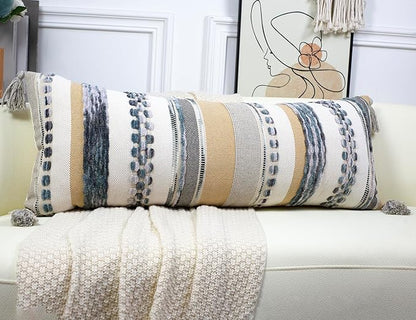 PANOD Boho Long Lumbar Throw Pillow Cover 14 x 36 Light Grey, Chenille Morocan - Image 2