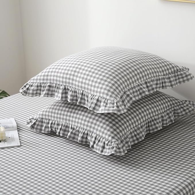 2 Pack Grey White Plaid Ruffle Gingham Euro Pillow Shams, 100% Washed Cotton - Image 3