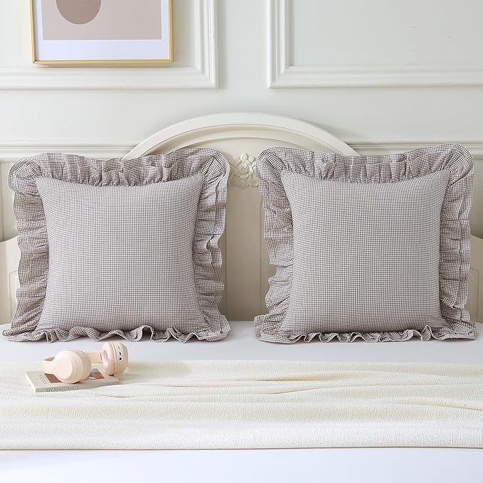 Aryeleay 2 Pack Brown White Plaid Gingham Ruffle Pillow Shams, 100% Washed - Image 7