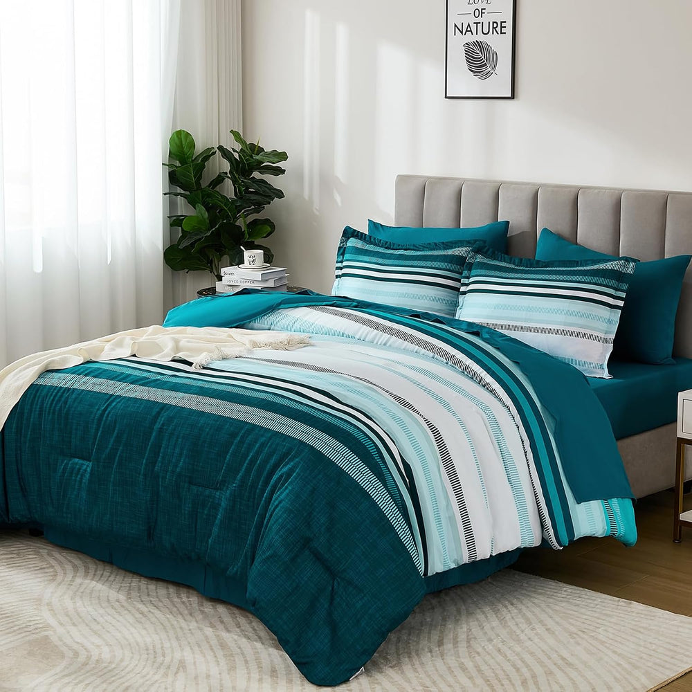 Dobuyly Teal Queen Comforter Set 7 Pieces, Blue Boho Striped Bed in a Bag Que...
