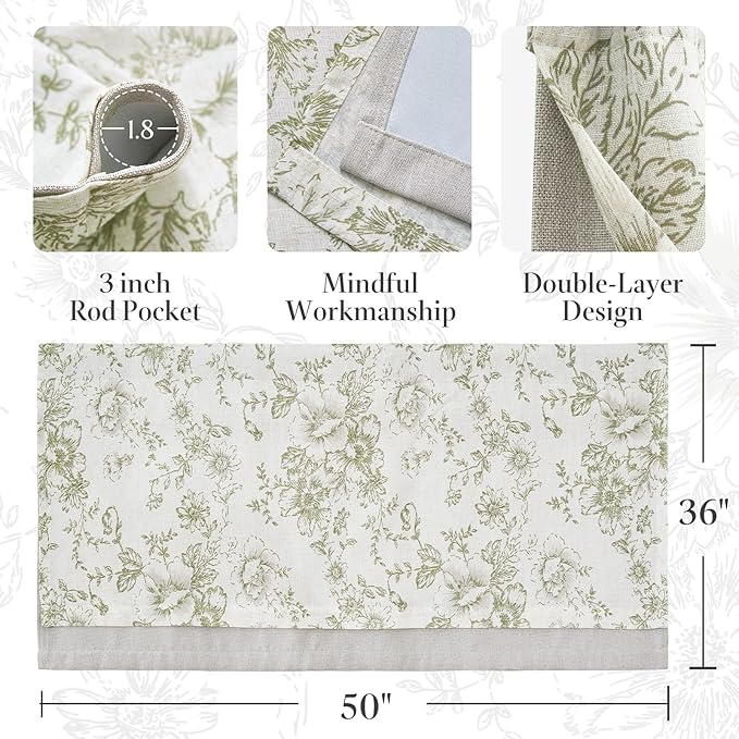 jinchan Linen Kitchen Curtain 36 Inch French Floral Double Layer Curtain - Image 8
