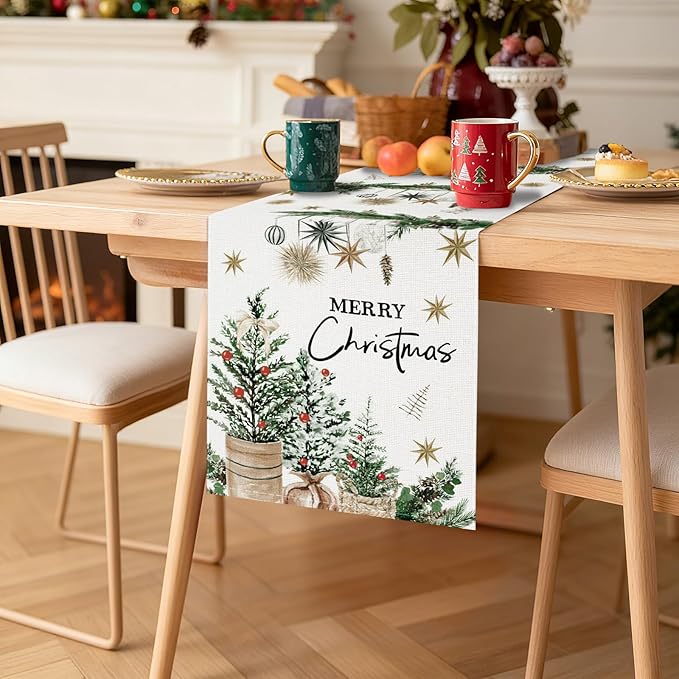 OTOSTAR Xmas Trees Holly Pine Cone Merry Christmas Table Runner, Xmas Seasonal - Image 9