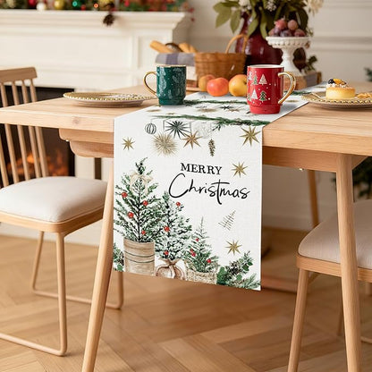 OTOSTAR Xmas Trees Holly Pine Cone Merry Christmas Table Runner, Xmas Seasonal - Image 9