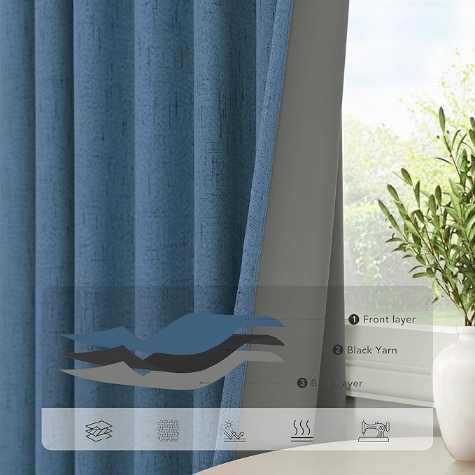Denim Blue Back Tab Blackout Curtains 108 Inches Long 2 Panel Set Cotton Linen - Image 5