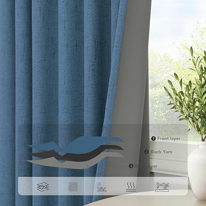 Denim Blue Back Tab Blackout Curtains 108 Inches Long 2 Panel Set Cotton Linen - Image 5