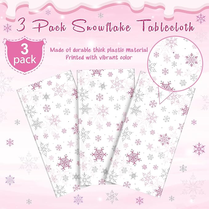 3 Pcs Christmas Snowflake Party Tablecloths Decorations, Plastic Pink Winter - Image 4
