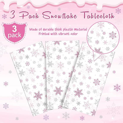 3 Pcs Christmas Snowflake Party Tablecloths Decorations, Plastic Pink Winter - Image 4