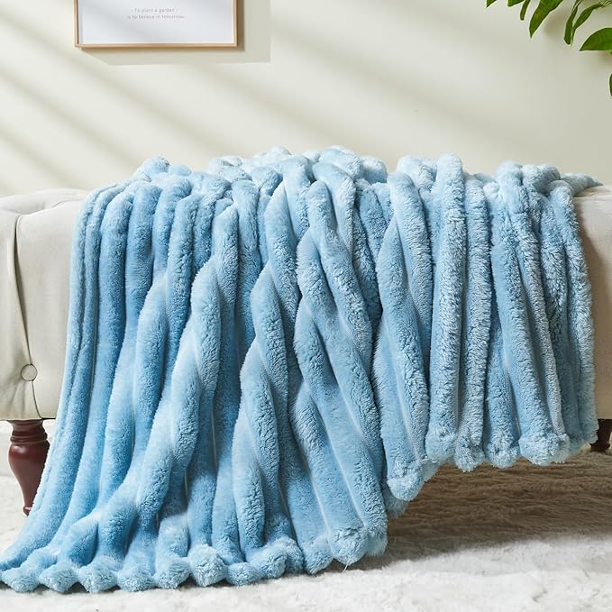 NEWCOSPLAY Super Soft Queen Blanket Blue Premium Silky Flannel Fleece 3D Ribbed - Image 8