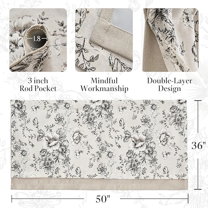 jinchan Linen Kitchen Curtain 36 Inch French Floral Double Layer Curtain - Image 8