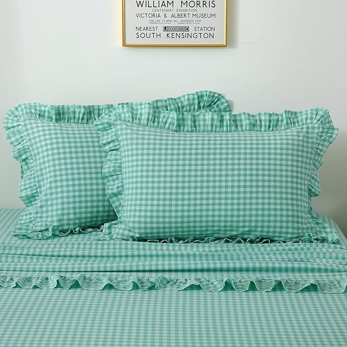 2 Pack Spa Blue White Plaid Ruffle Gingham King Size Pillow Shams, 100% Washed by KMASANIJI