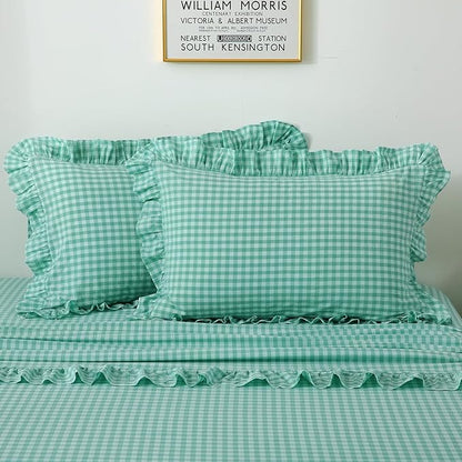 2 Pack Spa Blue White Plaid Ruffle Gingham King Size Pillow Shams, 100% Washed by KMASANIJI