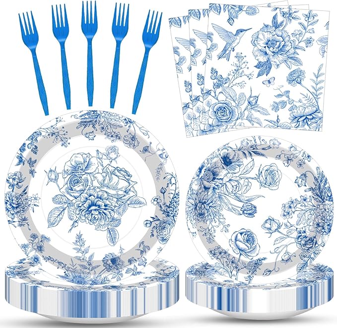 100 Pcs Blue and White Floral Tableware Party Supplies Set, Serves 25 – by Merriva
