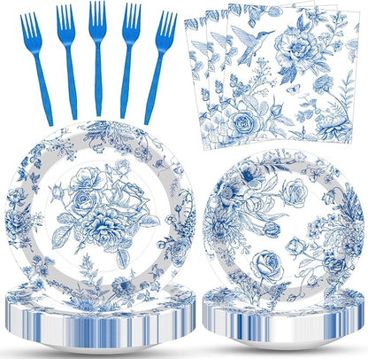 100 Pcs Blue and White Floral Tableware Party Supplies Set, Serves 25 – by Merriva