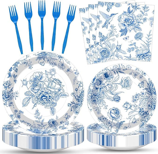 100 Pcs Blue and White Floral Tableware Party Supplies Set, Serves 25 – by Merriva
