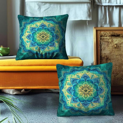 Mandala Flower Throw Pillow Covers 18x18 Set of 2 | Teal Bohemian Decorative - Image 4