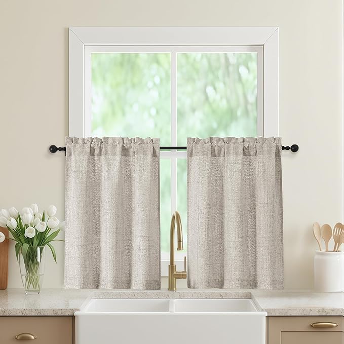 Linen Kitchen Curtains 30 Inch Length 2 Panels, Light Filtering Farmhouse Linen by WelvetBLK