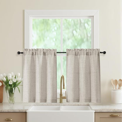 Linen Kitchen Curtains 30 Inch Length 2 Panels, Light Filtering Farmhouse Linen by WelvetBLK