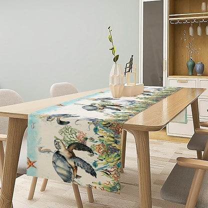 Ocean Animals Sea Turtle Table Runner Underwater Life Octopus Starfish Seaweed - Image 2