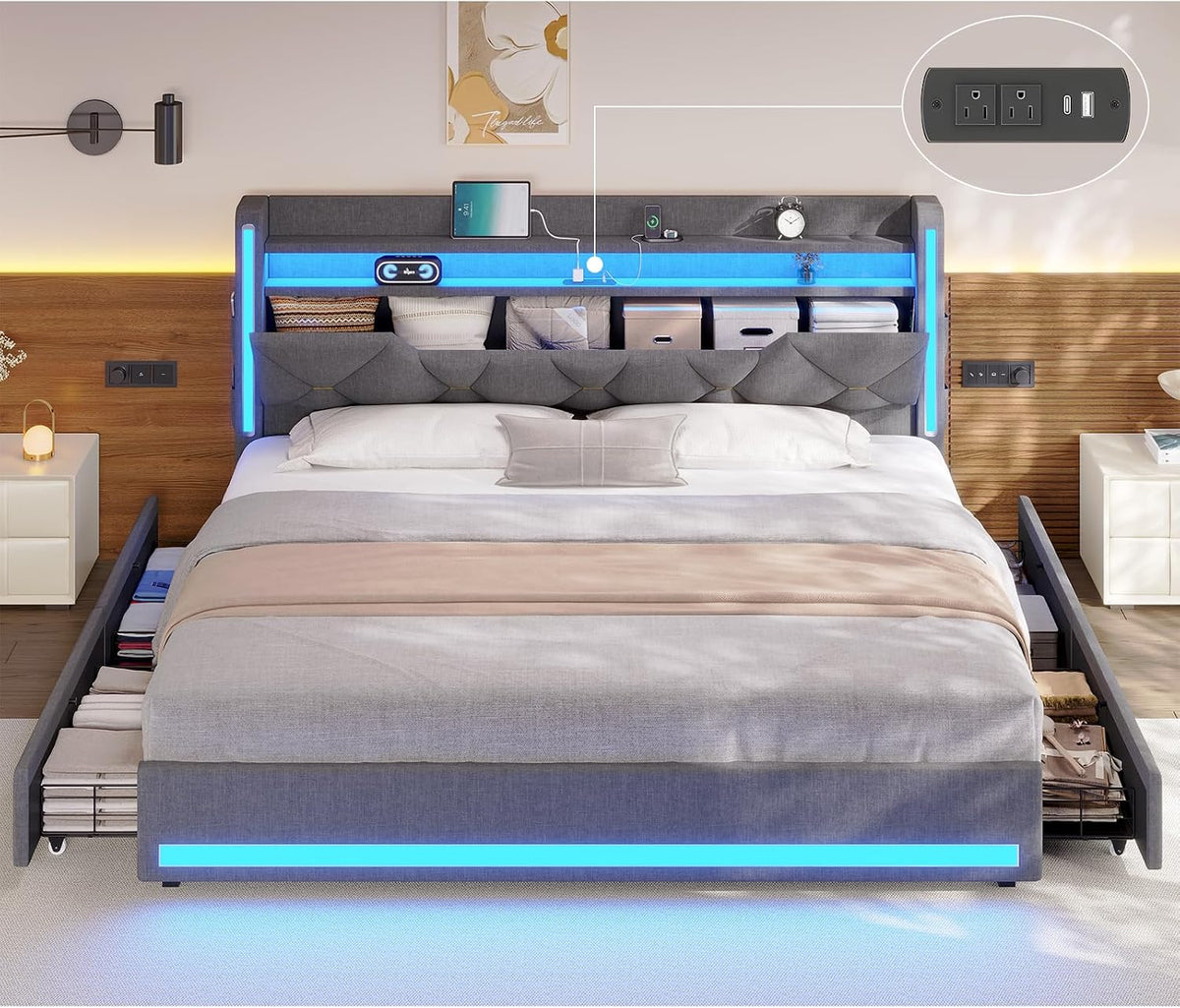busyaeh queen size bed frame with 4 drawers, main product view