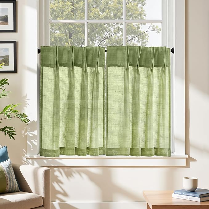 jinchan Linen Pinch Pleated Kitchen Curtains 30 Inch 2 Panels, Natural Linen - Image 3