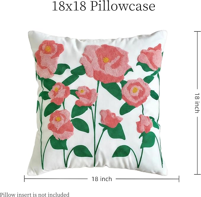 18x18 Embroidered Throw Pillow Cover – Pink Rose Cotton Decorative Cushion Cover - Image 6