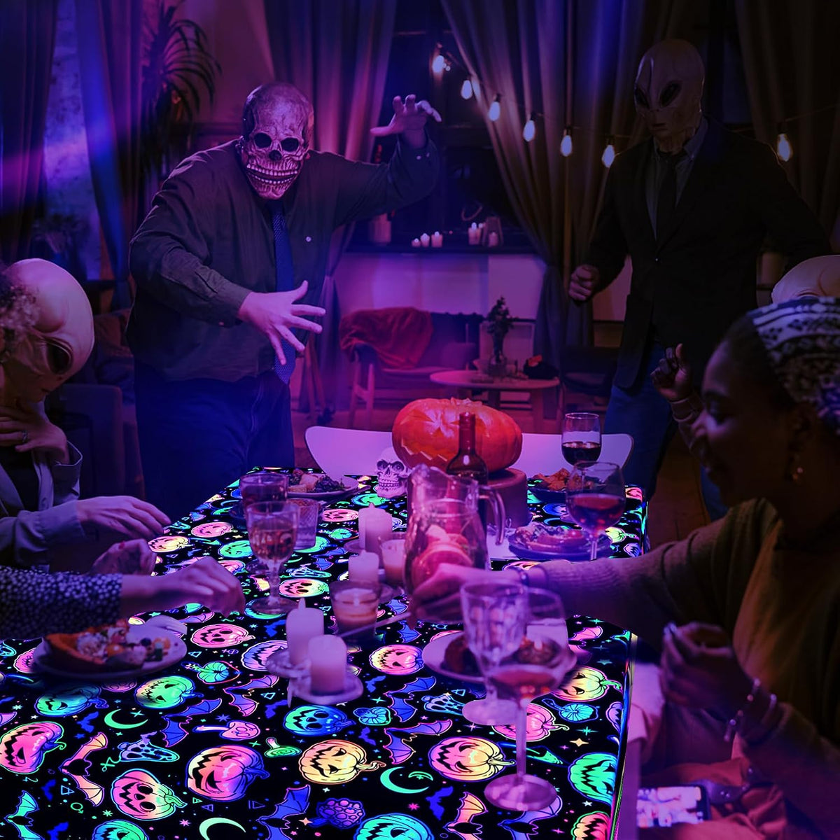 ASPMIZ Halloween Tablecloth Rectangle Table, Waterproof Blacklight Spooky Pumpkin Table Cloth, Washable Polyester UV Reactive Table Cloth Wrinkle-Free Table Cover for Halloween Decorations, 60" x 104"