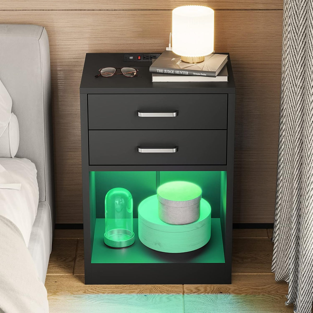 adorneve black nightstand set of 2,led bedside table, front angle view