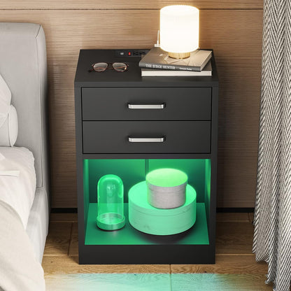 adorneve black nightstand set of 2,led bedside table, front angle view