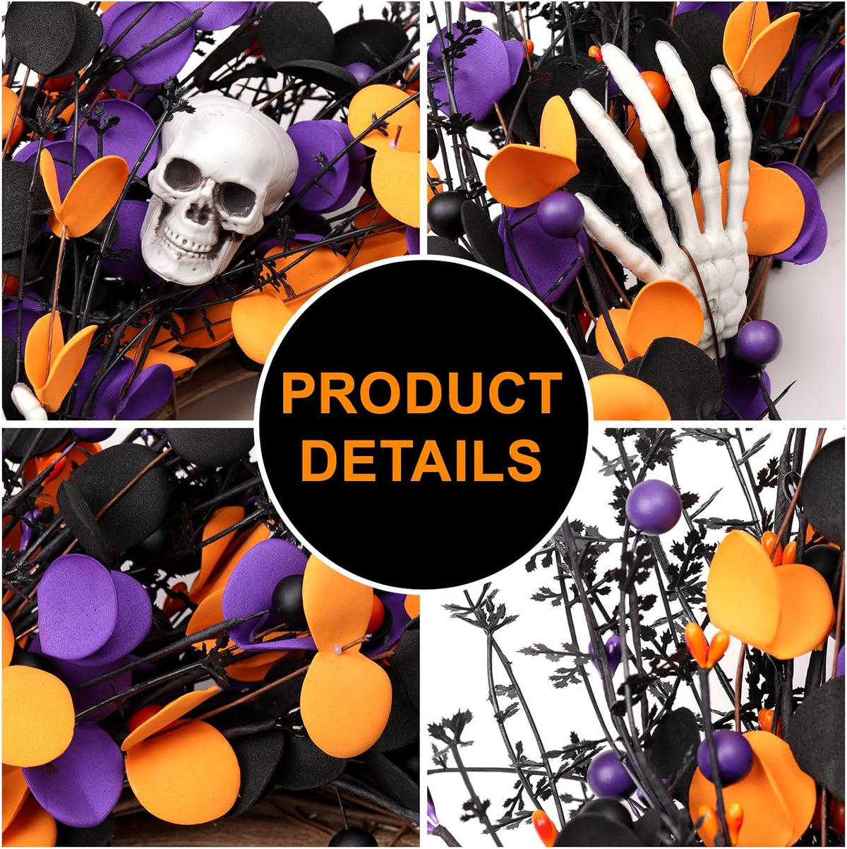 zjlmit Halloween Wreath 24 Inch Halloweeen Wreaths for Front Door Handmade Skull Wreaths with White Skeleton Hand Black Eucalyptus Leaves Orange Berries for Window Porch Indoor Party Holiday Wall Home