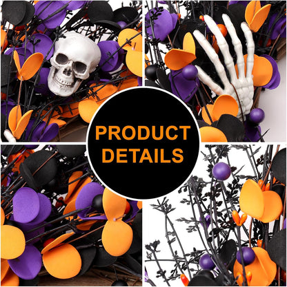 zjlmit Halloween Wreath 24 Inch Halloweeen Wreaths for Front Door Handmade Skull Wreaths with White Skeleton Hand Black Eucalyptus Leaves Orange Berries for Window Porch Indoor Party Holiday Wall Home