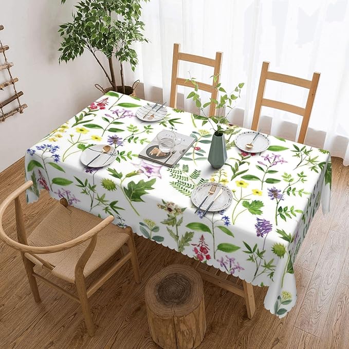 Botanical Tablecloth Green Herbs Plants Flowers Leaves Watercolor Natural Table - Image 5