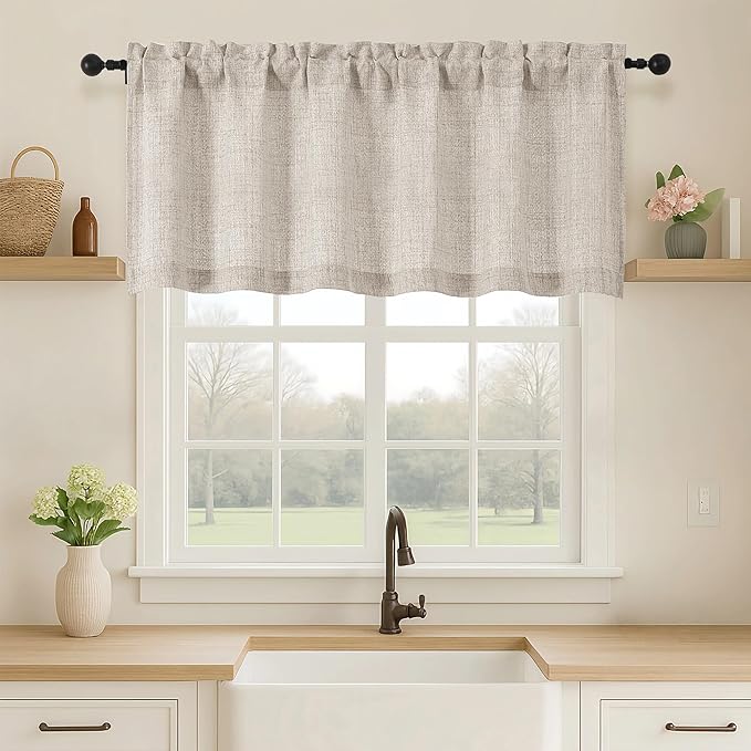 OVZME Valance for Windows, Light Filtering Faux Linen Textured Small Kitchen by OVZME