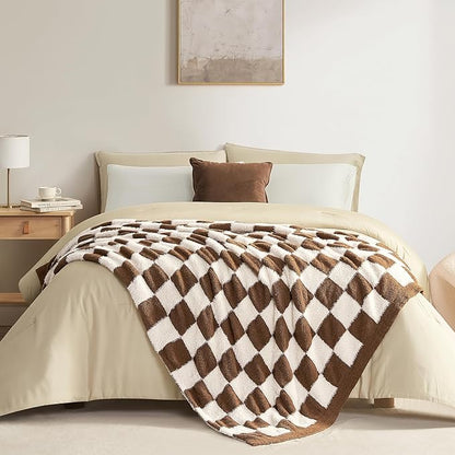 Snuggle Sac Brown Checkered Throw Blanket Faux Fur Microfiber Blankets - Image 4