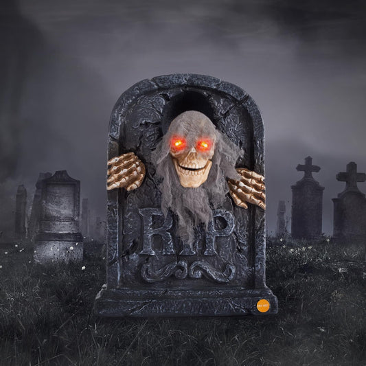 Halloween Animatronic Zombie Tombstone Animated Skeleton Decorations - Sensor Activated with Creepy Sound, Scary Move, Light Up Eyes, Haunted House Spooky Decor Horror Prop for Indoor/Outdoor, Yard