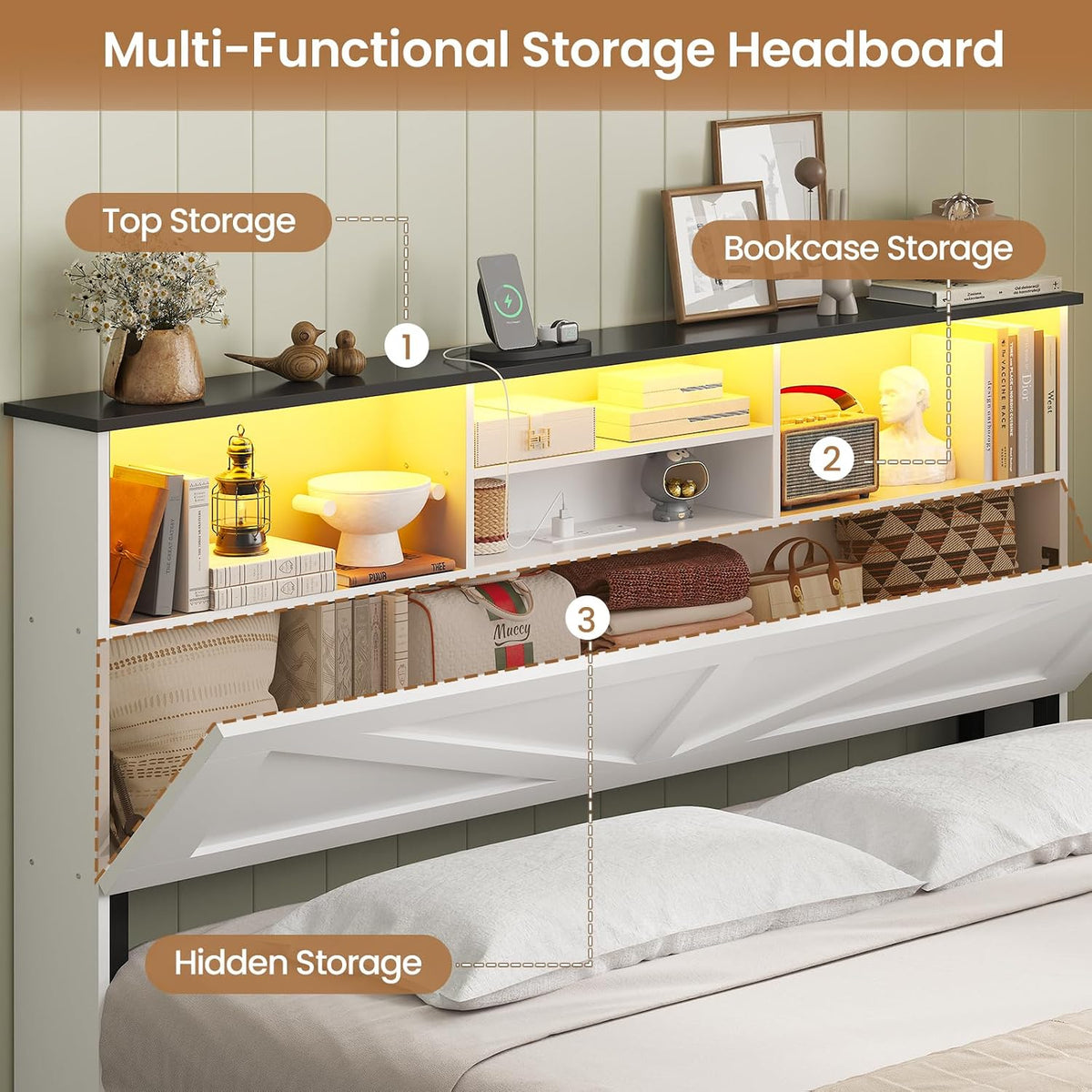 aogllati queen bed frame with storage bookcase headboard, close-up detail