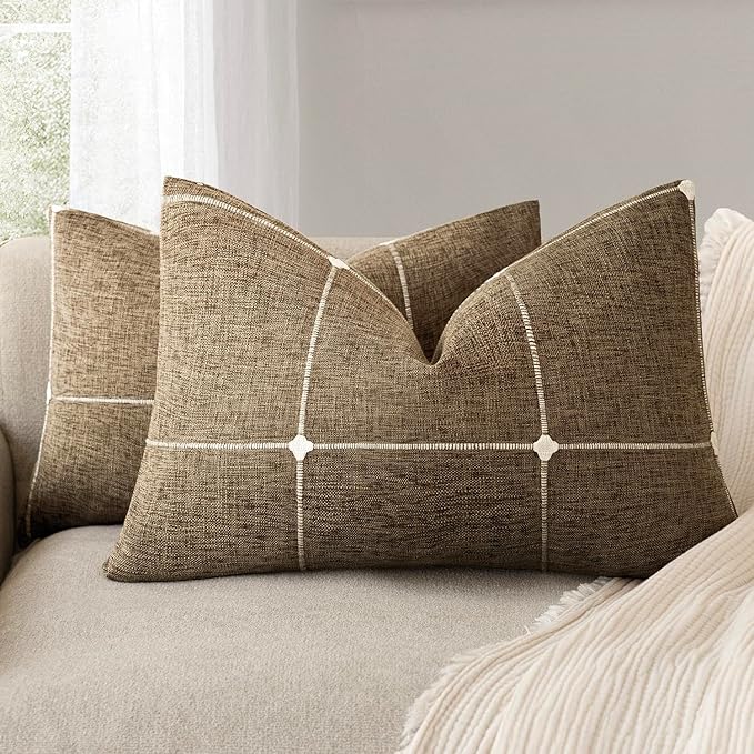 Foindtower Pack of 2 Decorative Faux Linen Jacquard Check Throw Pillow Covers by Foindtower