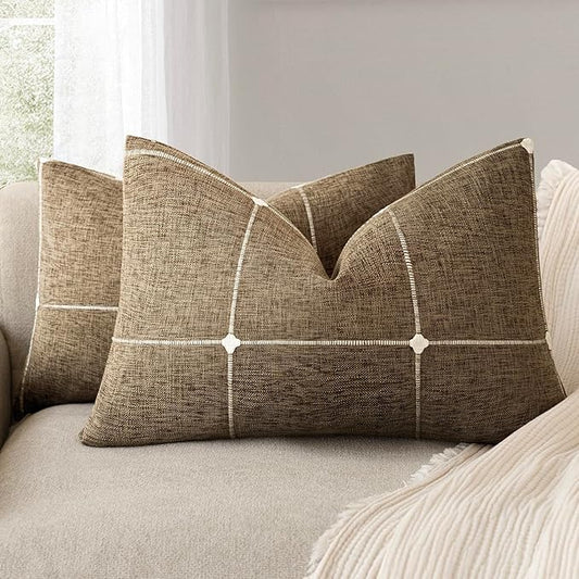 Foindtower Pack of 2 Decorative Faux Linen Jacquard Check Throw Pillow Covers by Foindtower