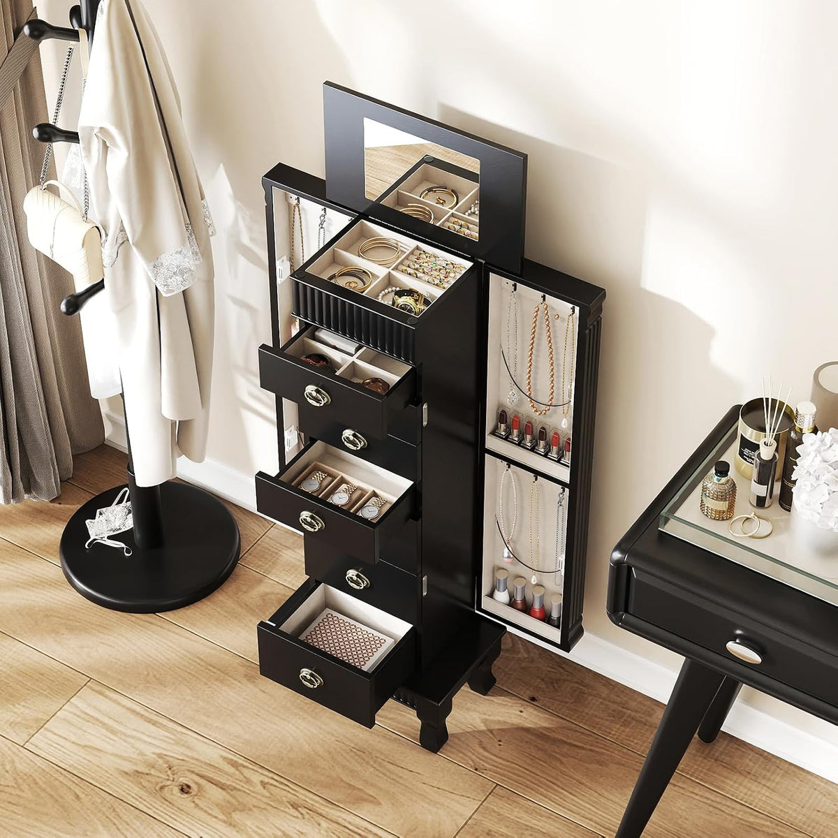 giantex standing jewelry cabinet with 7 drawers, flip-top, close-up detail