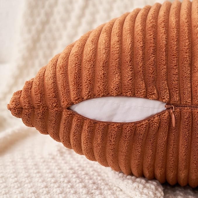 MIULEE Pack of 2 Rust Pillow Covers 12x20 Inch Soft Boho Striped Corduroy Throw - Image 3