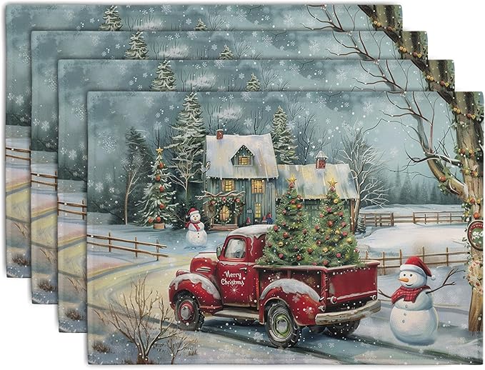 Red Truck Xmas Tree Snowman Christmas Placemats Set of 4 Winter Snowflake by Wnoesat